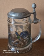 Piękny szklany kufel myśliwski z cynowym deklem.Bawaria XXw. Kozica Gluszec