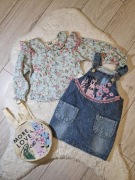 Nowy komplet miętowa bluzka kwiaty + ogrodniczka jeansowa + plecak r. 110