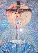 Obraz pastelowo - olejny  na Papierze - Opolski Nikifor - Jezus nad światem