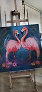 Obraz ręcznie malowany "Flamingi"