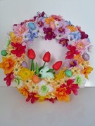 Wianek wielkanocny, kwiaty, jajka, zając, duży 37 cm