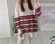 C&A Yessica wełniany sweter długi w czerwone paski 28% wełna 27% alpaka L