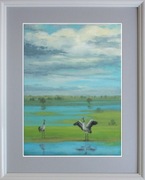 Nowy obraz olejny jezioro żurawie 30x40 cm marynistyka pejzaż