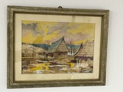 Sygnowany obraz Wiejskie Chaty W.Oleksiński oryginał rama z szybą