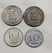 Szwecja zestaw czterech monet 2 szt 25 Ore i 2 szt 10 Ore srebro 