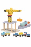 Drewniana Stacja Portowa z Dźwigiem + Pociąg i Kontenery