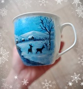 Ręcznie malowany kubek - gile i zimowy pejzaż 