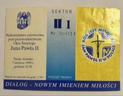 Bilet na nabożeństwo Jana Pawła II Toruń 7 czerwca 1999 – kolekcjonerski