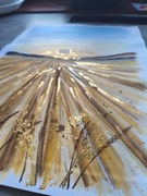 Akwarela Pole Zboże Zachód Słońca Krajobraz Wieś Złoto Sielanka 30x42 A3