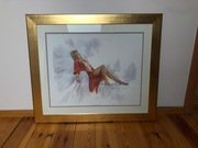 Piękny obraz, elegancko oprawiony. Dama w czerwieni