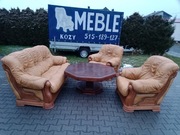 Komplet Wypoczynkowy VANILLA 3+1+1 i Stolik , dąb - Skóra Wanilia