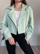 Miętowa kurtka skórzana ramoneska krótsza krótka taliowana na suwak 