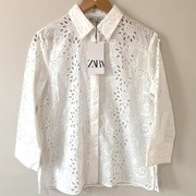 damska ażurowa bluzka koszula zara  XS 100% cotton bawełniana biała 