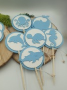 Pikery patyczki do ciast urodziny motyw morski niebieskie z koralikami drew