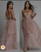 Maxi sukienka gorsetowa tiul falbanki beż róż s 36