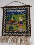 WIEJSKI PEJZAŻ Z DZIEWCZYNKĄ..ŚLICZNY OBRAZEK TYPU GOBELINOWEGO-SZWECJA