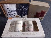 Kubki ślubne kukartka ręcznik mąż i żona świece LED Tchibo z efektami 