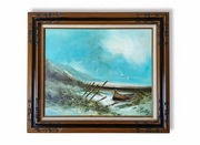 Obraz olejny „Morski pejzaż z łodzią” – sygnowany H. Gortay