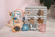 Zabawki sensoryczne drewniane Montessori – sorter + labirynt + zwierzątka