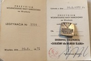 Unikat,srebrna odznaka zasłużony dla Dolnego Śląska wraz z legitym.