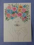 Akwarelowy portret kobiety z kwiatami na głowie.