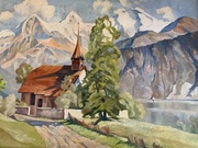 Duży stary sygnowany obraz olejny pejzaż alpejski