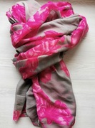 Elegancki szalik apaszka, kwiatowy kobiecy wzór, szary-różany, duży 180x100