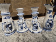 Zestaw 3 Porcelanowych Waz / Świeczników w Stylu Delft Blue - Urocze Scenki