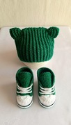 Komplet niemowlęcy 0–3 mies. czapka 36cm+buciki 9cm zielono-biały handmade