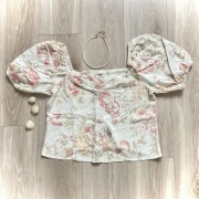 Bluzka na lato kwiaty len bufki wiskoza pudrowy róż 44 XXL H&M