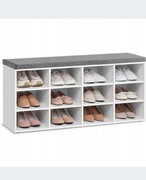 Biała szafka na buty z siedziskiem – 12 półek, regulowane boczne przegródki