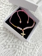 Różaniec bransoletka krzyż kamienie kwarc różowy 