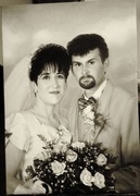 Portret, obraz olejny na płótnie na podstawie czarno-białej fotografii.