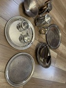 Zestawy kawowe posrebrzane, patery, przyprawniki, tace - dużo, antyk