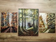 ZESTAW RĘCZNIE MALOWANYCH OBRAZÓW - TRYPTYK LEŚNY, POLSKI PEJZAŻ 