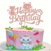 Topper na tort urodzinowy Kotek różowy brokat 