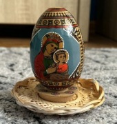 Vintage Drewniana pisanka dwustronna ręcznie malowana + dwie podstawki