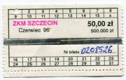 Bilet miesięczny ZKM Szczecin - 06.1996, 50.00zł/500.000zł