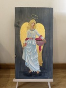 Anioł, obraz malowany na desce, pastel suchy, 52,3-53,5x29-27x1,7 cm