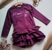 Sukienka fioletowa 98 104 z falbankami kangurka dresowa długi rękaw cekiny