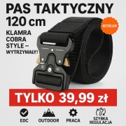 Pas taktyczny wojskowy z klamrą COBRA – 120 cm | Czarny [Złote uszy]