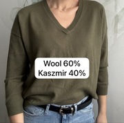 Sweterek serek Kaszmir wełna khaki jesień zima