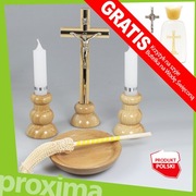DREWNIANY JASNY KOMPLET KOLĘDOWY Krzyż Świeczniki Kropidło Miska na KOLĘDĘ