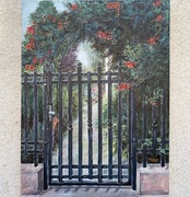 Furtka i kwiaty obraz ręcznie malowany.