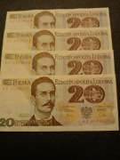 ZESTAW BANKNOTÓW 20 zł  1982 UNC 4 szt. Seria AK