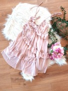 H&M pudrowa różowa długa bluzka tunika z falbanami XS 34 na ramiączkach