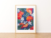 Obraz Sycylijskie pomarańcze i kwiaty, ręcznie malowany, A3, farby akrylowe