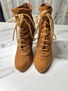 Brązowe sznurowane botki buty na obcasie zamszowe