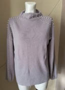 Szary popielaty sweter półgolf prążki perełki Orsay M oldmoney vintage