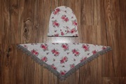 czapka chusta 44 - 46 komplet dziewczęcy szary kwiaty okazja pomponiki